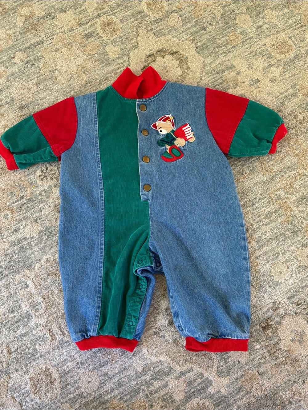 Vintage Colorblock Denim & Corduroy Romper One-Piece Bear Patch Infant